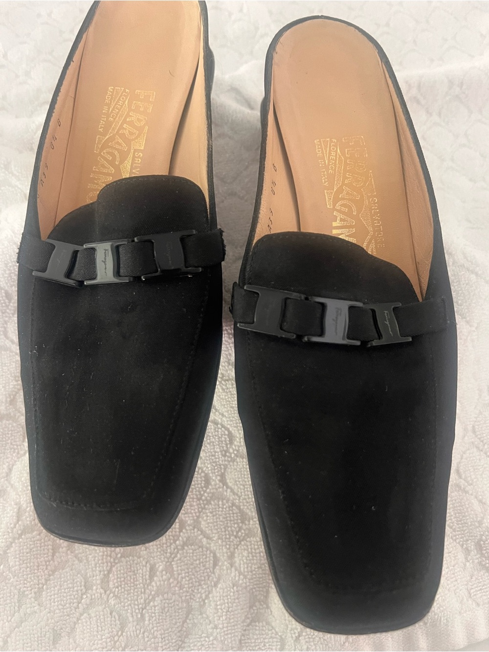 Salvatore Ferragamo Black Suede Slip-On Mules with Matte Bit